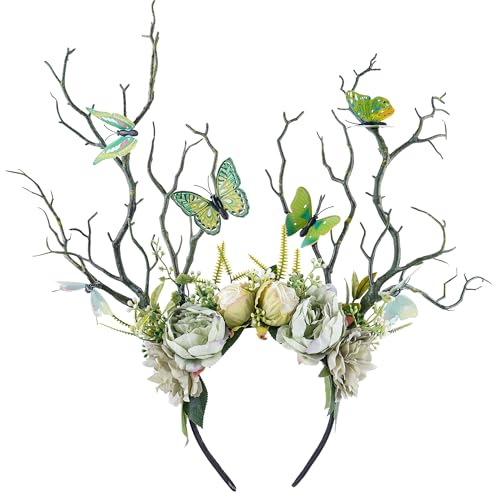 MOSTORY Green Flower Branch Headband  Handmade Tree Hairband with Butterfly Woodland Headband Floral Forest Crown for Women Renassance Renfaire Woodland Costume Cosplay Photoshoot